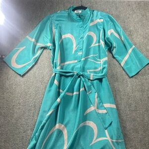 Vintage Turquoise Print Maxi Dress with Tie Belt